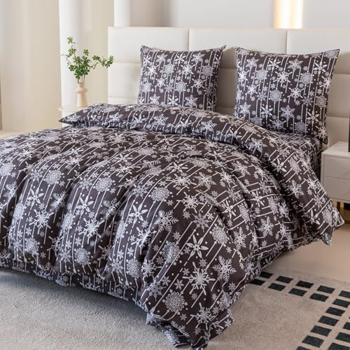 Cotton Market Weihnachtsbettwäsche 2-teilig mit Schneeflocken-Motiv Bettbezug 135x200 cm Kissenbezug 70x80 cm Weiche Mikrofaser Winterbettwäsche mit Reißverschluss Pflegeleicht Dekorativ