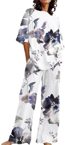 Ensemble Pyjama avec Chemise à Manches Longues Tenues d'été pour Femmes, Ensemble 2 Coton et Lin, t-Shirt surdimensionné, Pantalon à Jambe Droite, Pijamas Chauds D Hiver Femme Haut Pyjama (White, L)