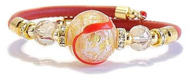 VENEZIA CLASSICA - Damen-Armband mit echten Muranoglasperlen und echtem toskanischem Leder, Kollektion Aida, mit Blatt aus Silber und 24-karätigem Gold, hergestellt in Italien, zertifiziert, Taglia