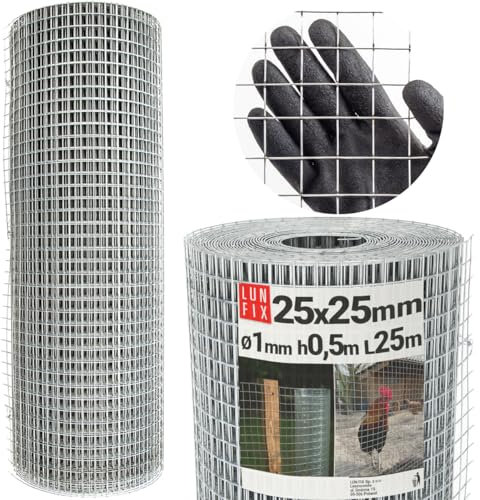 Volierendraht - Stahl verzinkt, 25x25, Ø 1 mm, 0,5m x 25m, Hasendraht Kaninchendraht, Drahtgitter Schweißgitter Maschendraht, Wühlmausgitter für Garten, Maschendrahtzaun, Lun Fix