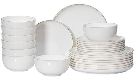 Perlaceo - Set di stoviglie in porcellana Bone China, 24 pezzi, bianco con bordo dorato, leggero e resistente, servizio per 8 persone, inclusi piatti piani, piatti da insalata e ciotole per cereali o