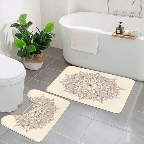 KGDHY Badezimmermatten-Sets 2-Teilig,Beige, ethnischer Mandala-Blumen-Spitzenkreis verziert mit Retro-Universum-Orient-Muste,Bad und WC-Vorleger-Set,rutschfeste Badezimmerteppiche wasserabsorbierende