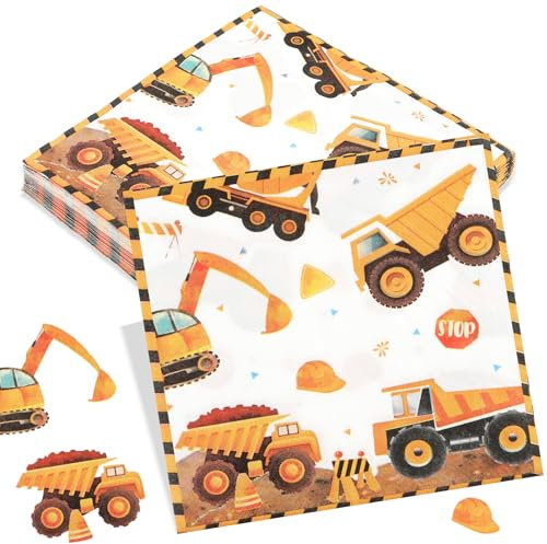 Deepton 30 Stück Bagger Servietten, 33x33cm Baustelle Servietten, Traktor Kindergeburtstag Deko, Einweg Baufahrzeug Bulldozer Papierservietten für Jungen Mädchen Geburtstag Party Deko