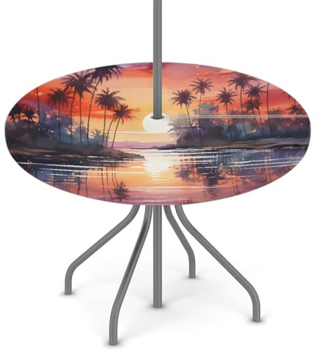 Mexpekil Tischdecke, Strand Palmen wasserdicht ölbeständig mit Schirm-Loch und Reißverschluss maßgeschneiderte Outdoor-Tischdecke, runde Tischdecke für Picknick Garten im Freien 91–112 cm