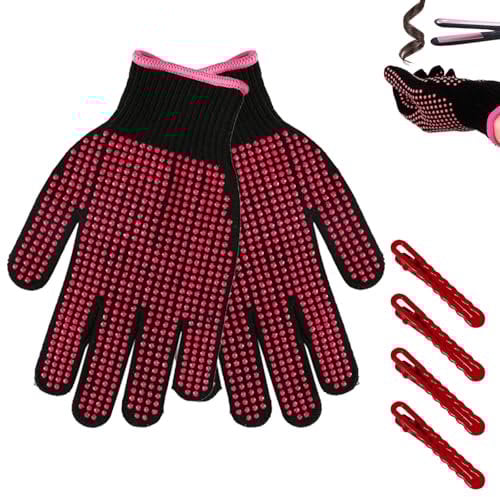 ZhongShuang 2 Stücke Hitzebeständige Handschuhe，Hitzehandschuh Lockenstab，Hitzeschutz Handschuh Wärmedämmung Für Haarstyling, Frisur Und Frisur（Kommt Mit Vier Clips）