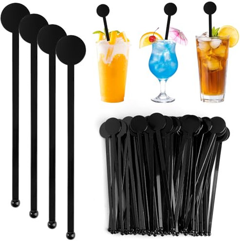 Leikedun 80 Touillettes Cocktail Réutilisables en PS - Agitateur Cocktail Bâtons Mélangeurs Noirs 18cm pour Café, Jus, Vin, Milkshake - Plastique Alimentaire sans BPA
