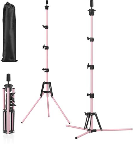 Fernlandia Mannequin Head Stand, 20- 63 Adjustable, Upgraded Reinforced Stainless Steel, Wig Tripod Stand for Cosmetology Hairdressing Training (Pink)