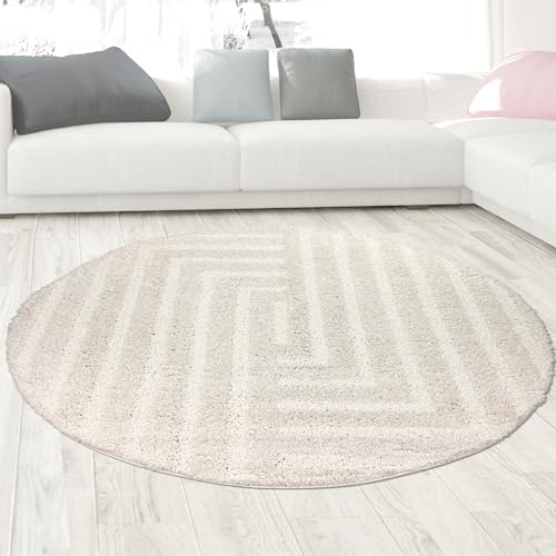 CARPETIA Hochflor Teppich Wohnzimmer Kinderzimmer stilvoll weich pflegeleicht kuschelig langlebig dekorativ Boho chic modern Creme 120 cm Rund