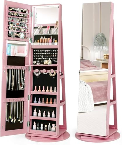 Multigot 3-Color LED Lights Jewellery Cabinet, 3-in-1 360° Swivel Jewelry Armoire with Full-Length Mirror, Lockable Cosmetic Storage Organizer for Dressing Room Living Room Bedroom (Pink)