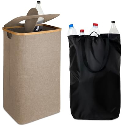 Relaxdays Bottle Recycling Container 100L with Lid, Washable Felt Bag, H70 x W42 x D34 cm, Beige