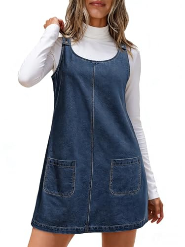 Dokotoo Denim Dress Womens Casual Sleeveless Crewneck Western Jean Dress Cowgirl Outfits Country Plus Size Summer Outfits Denim Overalls for Women Babydoll Mini Shift Jumper Dresses Navy Blue L