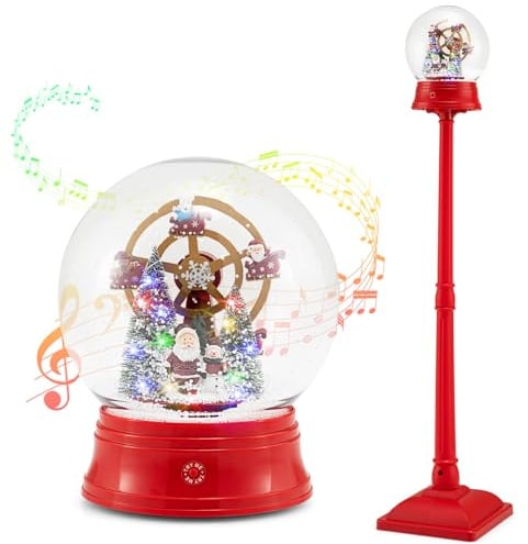 SPOTRAVEL 153cm Musical Christmas Street Lamp, Xmas Lamp Post | with Detachable Lantern, Color-changing Light, Snowy Effect, Santa Scene Lamp for Home Porch (Globe Shaped with Ferris wheel)