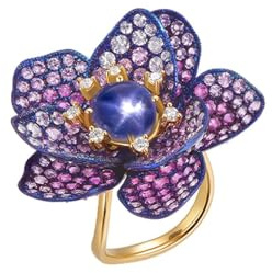 Ayoiow Damen Ring Echtes Gold Blume mit 3,71 ct synthetischem Sternsaphir und Moissanit, Trauringe Echt Gold Damen für Freundin Größe 62 (19.7)| 14K Gelbgold | Trendiger Modeschmuck für Abschluss