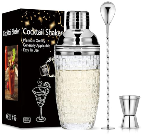Set di 3 shaker per cocktail in vetro, da 400 ml, con coperchio in acciaio inox, per bar di casa, bar, frutta mista (argento)
