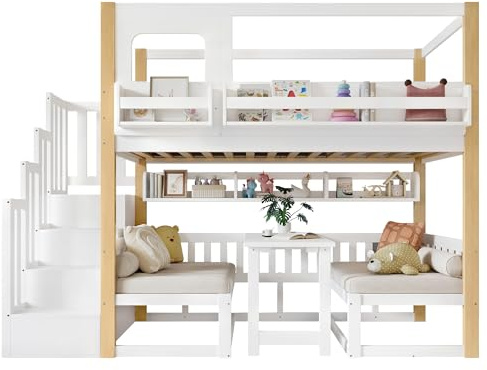 SOFTWEARY Etagenbett mit 2 Liegeflächen, Treppe, Tisch, Regalen, Rausfallschutz, 90x200cm, Liegefläche umbaubar zur Sitzgruppe, Kinderbett, Kiefer