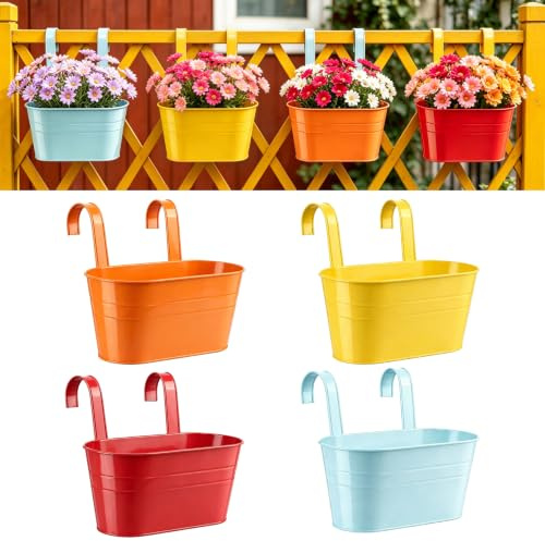 YiliYa 4er Set Hängende Blumentöpfe mit abnehmbaren Metallhaken, 28cm | Blumentöpfe aus verzinktem Stahl perfekt für Moderne Dekoration und Pflanztöpfe, für Pflanzen im Freien, Balkon, Garten