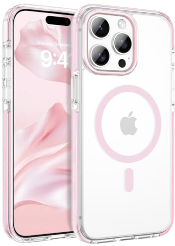 VENINGO Custodia magnetica per iPhone 15 Pro 6,1, compatibile con Magsafe, custodia trasparente per iPhone 15 Pro, protezione di grado militare, antiscivolo, antiurto, trasparente/rosa