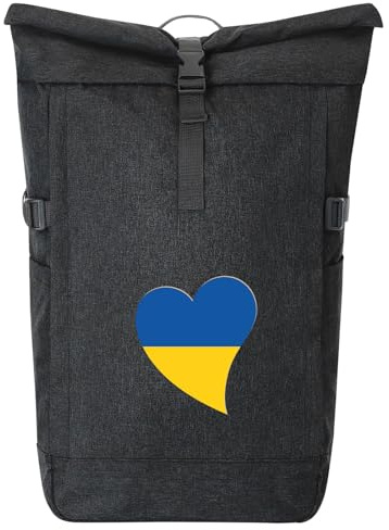 Huuraa Kurierrucksack Ukraine Flagge Herz Geschenk | 30-44 Liter Backpack Black Melange Fairtrade Rolltop Rucksack Geschenkidee Schwarzer Laptop-Rucksack passend für 17-Zoll
