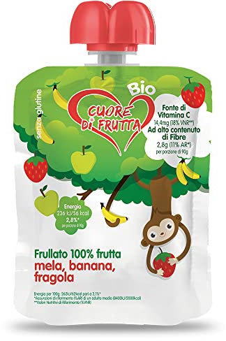 Cuore Di Frutta Frullato Di Frutta Bio Mela, Banana e Fragola - Confezioni Da 90 Gr, 12 Unità
