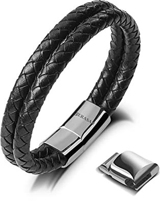 SERASAR Armbänder Herren Silber 23cm Männer-Armband Leder-Armreif Herren-Lederband Herrenarmreif Armschmuck Leder-Schmuck Herren-Schmuck Flecht-Armband Leder-Wickelarmband Leder-Kette Leather Bracelet