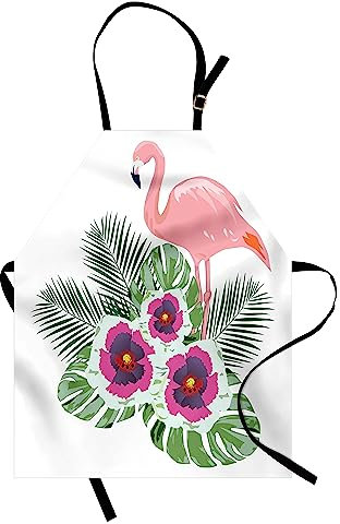 ABAKUHAUS Hibiskus Kochschürze, Flamingo Tropical Bouquet, Höhenverstellbar Maschienenwaschbar Kein verblassen, weiß Multicolor