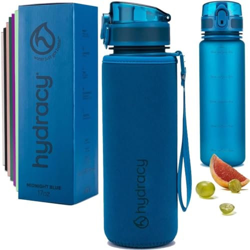 Hydracy Water Bottle with Time Marker - 500 ml 17 Oz BPA Free Water Bottle - Leak Proof & No Sweat Gym Bottle with Fruit Infuser Strainer for Fitness or Sport & Outdoors - Midnight Blue