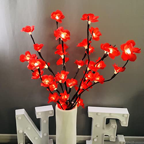 Red Plum Flower LED Twig Lights Tree Lighted Artificial Blossm Plum Branch Lights Flexible Branch Decoration Light for Home Shop Windows Vase Table Room Wedding Christmas (Red Plum Flower, 2pcs)
