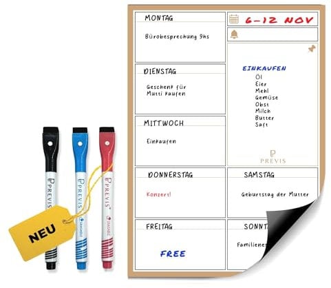 Previs Wochenplaner Abwischbar mit 3 Löschbaren Stiften - Magnettafel Küche - Wochenplaner Magnetisch - Magnettafel Kühlschrank - Whiteboard Wochenplaner - 100% Anpassbar