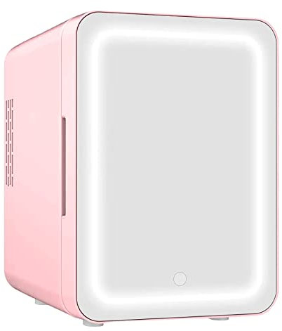 VNIMTI Mini Nevera Cosmeticos 4L, Frigorífico Mini Portátil, Pequeño Nevera con Espejo, 12V/220V, Enfriar y Calentar, Nevera Skincare para Dormitorios, Coche, Oficinas (4L-Rosa)