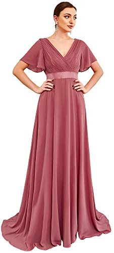 Ever-Pretty Women's Double V-Neck Short Flutter Sleeves Empire Waist Elegant Chiffon Long Evening Dresses Came Brown 8UK