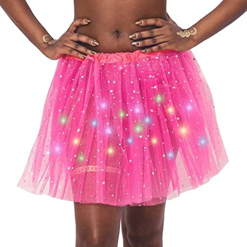 Ruiuzioong Dames Tutu Jupe Femme De Ballet Étoile Paillettes Robe Princesse avec LED, Tulle en Maille Robe De Danse Party Vêtements Costume De Ballet (Rose Rouge)
