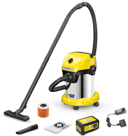 KÄRCHER aspiratore solidi liquidi a batteria WD 3-18 S Battery Set V-17/20, filtro a cartuccia, tubo di aspirazione: 2 m, contenitore in acciaio inox: 17 l, con batteria 18V inclusa