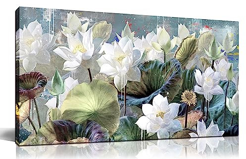 GUGIKA Floral Wall Art for Living Room, White Lotus Flower Canvas Wall Decor for Bedroom, Watercolor Plant Print Painting Decoration, Size 40x20 Inch