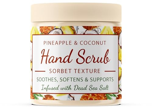 CalmGrace Gommage exfoliant pour les mains avec sels de la mer Morte et parfum d'ananas et de noix de coco | Texture sorbet exfoliant pour les mains | 300 g | Enrichi avec de l'huile d'avocat et de la
