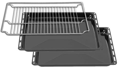 ICQN 465 x 370 x 30 doppelt Set mit Gitter, Passend für Bosch Neff Constructa, 2er Emaillierte Fettpfanne für Backofen, Kratzfest & Rosfrei, 46,5 x 37 x 3 und 6 cm