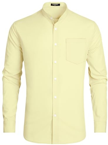 HISDERN Grandad Collar Dress Shirt for Men Casual Wedding Long Sleeve Yellow Mens Shirt Button Down with Pockets S