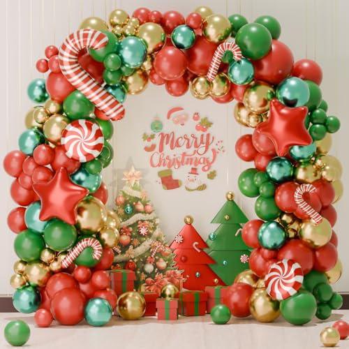 Weihnachten Ballon Girlande Set - 151pcs Rot, Grün, Gold mit Zuckerstangen, Sternen, Süßigkeiten - Deko für Weihnachts Party & Outdoor, Neujahr