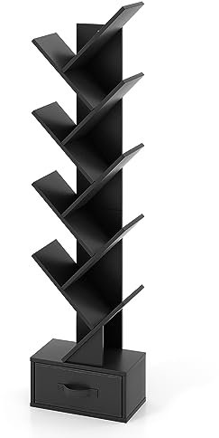 GYMAX Libreria ad Albero, Libreria Stretta Verticale 150 cm con 10 Ripiani, Base Cava e Cassetto Pieghevole Rimovibile, Organizer per Salone Ufficio Camera da Letto (Nero)