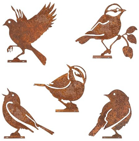 Inscrip Rost Vogel Gartendeko, 5 Stück Gartenstecker Roststecker Metall Vögel Baumstecker Rost Deko mit Schraube, Lebendig Vogel Gartendeko für Draußen, für Holz Zaunfiguren Frühling Bäume Deko (A)