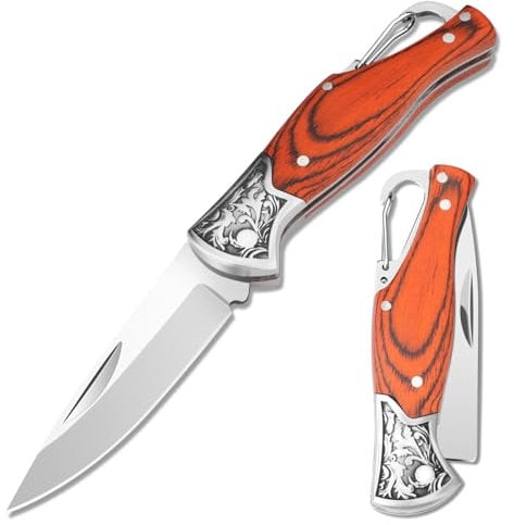 SPITZKANTE Zweihandmesser DIAO-HUA, 42a konform, 440C Stahl, 6,1 cm Klingenlänge, EDC Taschenmesser, Mini Klappmesser mit Holzgriff, Karabiner-Clip, Legal in Deutschland