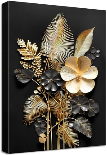 Marco de Madera Cuadros Moderno Flores 3D Oro Negro Cuadros Decorativos Lienzo Pintura Ramos Tropicales de Hojas de Coco Imagen Cuadro Decoracion Salon Baño Dormitorio Sala de Estudio 40x60cm