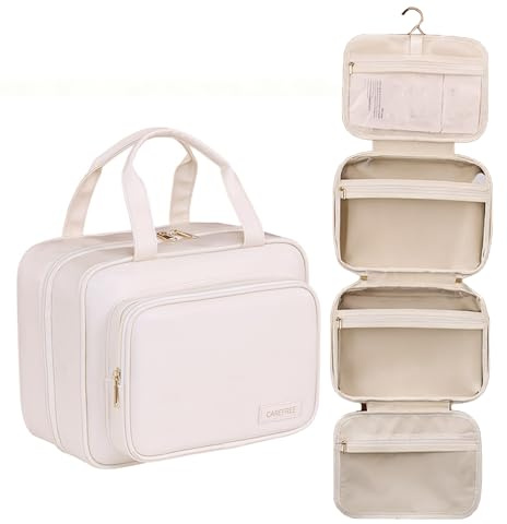 Yuexitech Hanging Travel Toiletry Bag, Waterproof PU Leather Cosmetic Organizer, Large Capacity Wash Bag for Women, Multi-Compartment Travel Wash Bags with Hook, Creamy Beige