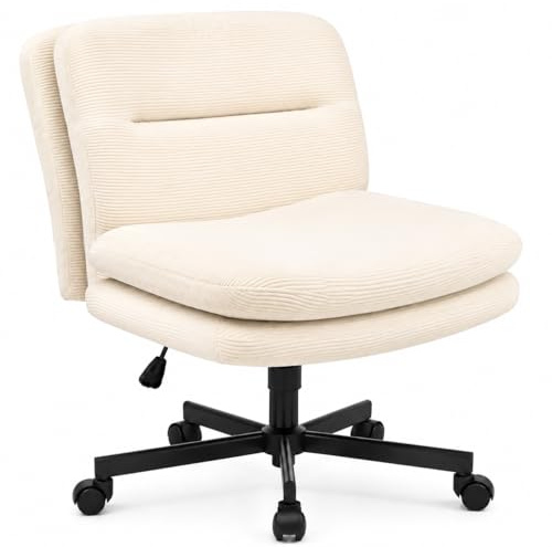 Durrafy Cross Legged Office Chair, Criss Cross Chair with Wheels, Armless Wide Seat Desk Chair, Double Layer Cushion, Height Adjustable Swivel Vanity Chair for Home Office Bedroom Study, Beige