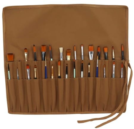 Liquidraw 30 Pocket Roll Up Canvas Paint Brush Holder 53 x 45cm (Brown) | Paintbrush Storage Pouch, Art Tool Travel Case, For Pens, Pencils, Makeup Brushes, Gift For Artists, Painters, and Students