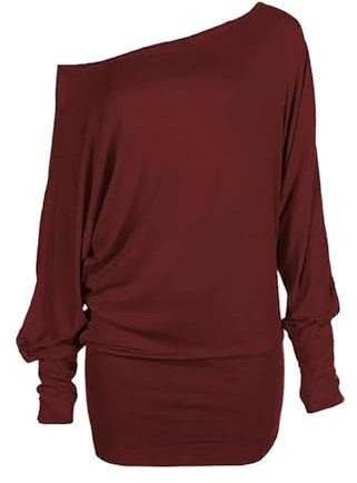 RIDDLED WITH STYLE New Ladies Off Shoulder Baggy Batwing Long Sleeve Womens Slouch Dress Tops Wine