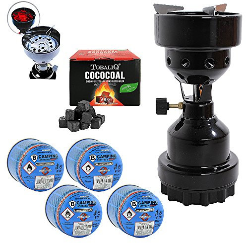 Mianova Campingkocher Camping Kocher Shisha Kohleanzünder Notfallkocher Grill Anzünder Gaskocher Gaskartuschen mit 4 Kartuschen Gasflaschen Kohle Schwarz