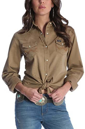 Wrangler Long Sleeve Snap Front Denim Western Shirt Blusas, Cuero Crudo, XXL para Mujer