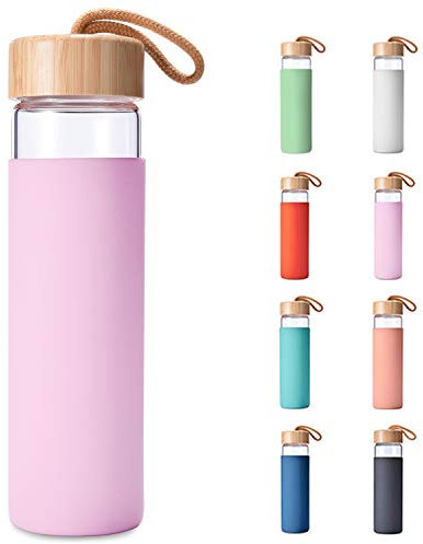 Yomious 20 Oz Borosilicate Glass Water Bottles with Silicone Sleeve BPA Free, Dishwasher Safe - Reusable Clear Glass Drinking with Leak Proof Bamboo Lid | Perfect Gym Water Bottles for Men & Women