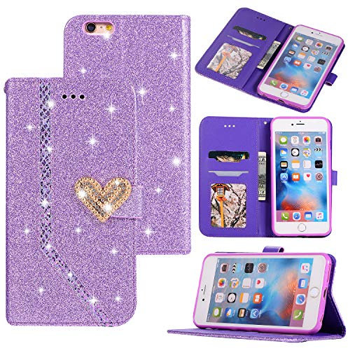 Hülle iPhone 6s Plus/6 Plus 5.5 PU Ledertasche Glitzer Handyhülle 3D Liebe Herz Schnalle Strass Hülle Flip Cover Innerhalb TPU Etui Handschlaufe Kartenfach Standfunktion Bumper Schutzhülle - Lila