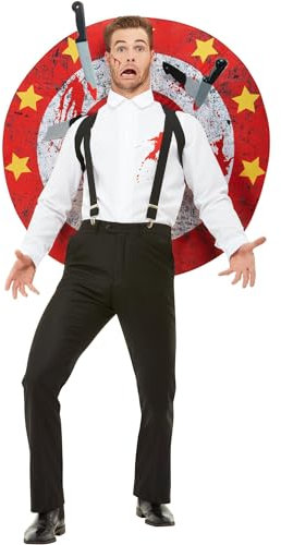 Smiffys Deluxe Knife Thrower Costume, Red & White with Shirt, Braces, Target Board & Velcro Knives, Circus Fancy Dress, Jester Dress Up Costumes